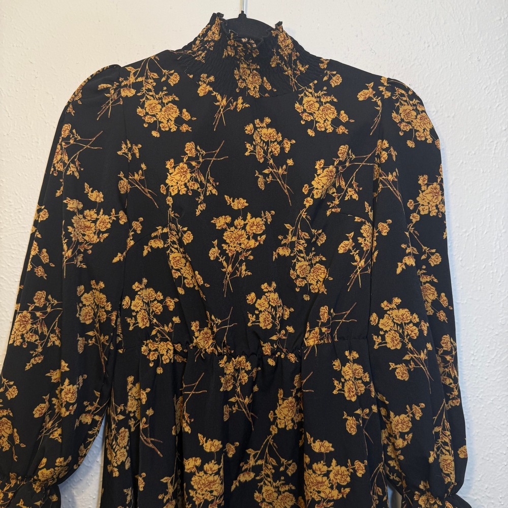 SHEIN Mini Dress Cottagecore Dark Academia Smocked Mock Neck Floral Black Small